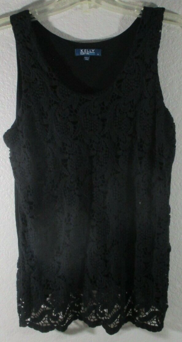 Kelly by Clinton Kelly Black Sleeveless Crochet Front Lined Tunic sz L - $9.89
