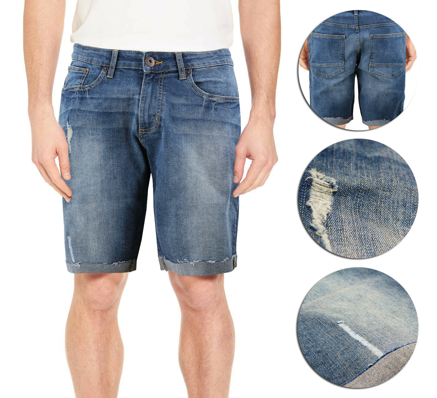 Men's Distressed Denim Light Faded Wash Stretch Ripped Casual Jean Shorts - £12.42 GBP - £16.57 GBP