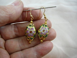 (EE607-60) Gold green with pink flower CLOISONNE oval disc dangle oval EARRINGS - £19.93 GBP