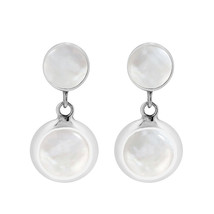 Dainty Circles White Sea Shell Inlay Sterling Silver Post Drop Modern Earrings - £13.95 GBP
