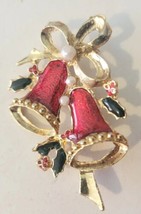 Gold Tone Enamel Christmas Jingle Bells Holly Brooch - Very Christmassy - £6.87 GBP