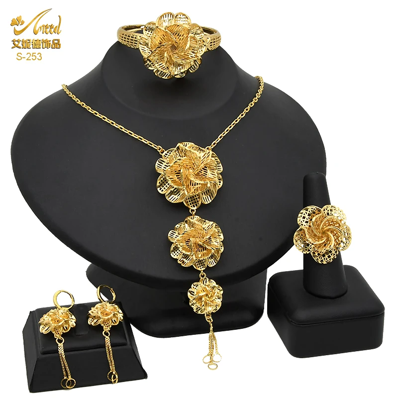 African Dubai Jewelry Set For Women Ethiopian GolBridal Wedding Flower Pendant N - £28.09 GBP