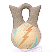 Native American Wedding Vase Double Spout Jug. Sand Cast Abstract 90s Pastel 9&quot;  - £35.96 GBP