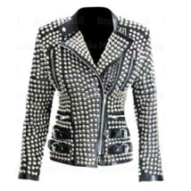 New Men&#39;s Black Silver Metallic spike Studded Zipper Cowhide Leather Jacket-891 - £330.49 GBP