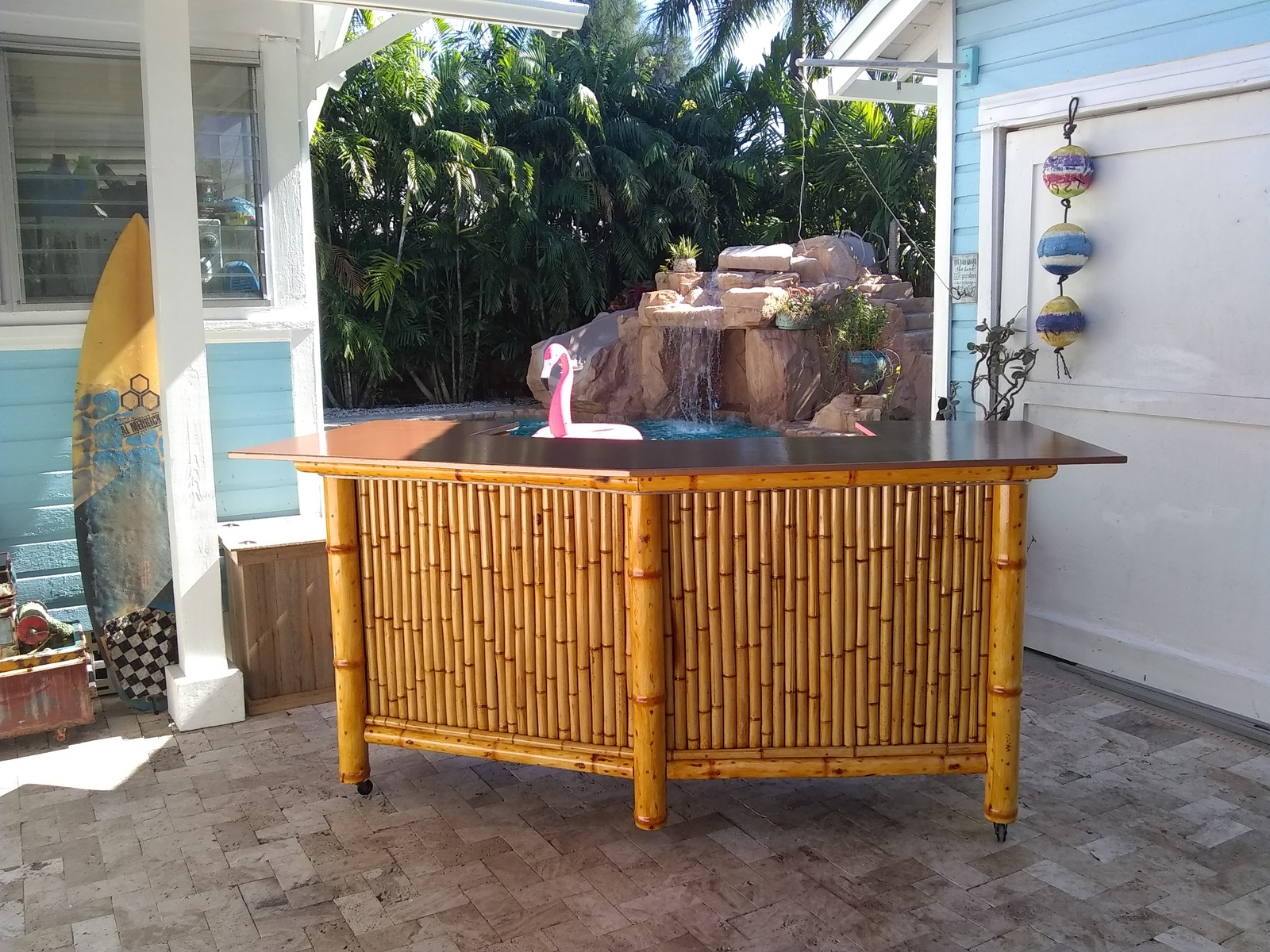 V40 six seat tiki bar with storage cabinets, wheels, electrical outlets & lights - $2,399.00
