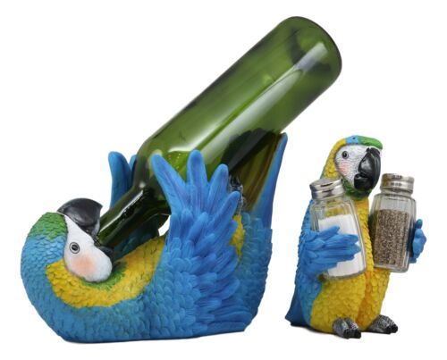 Blue Scarlet Macaw Parrot Wine Bottle And Salt Pepper Shakers Holder Sta... - $49.99