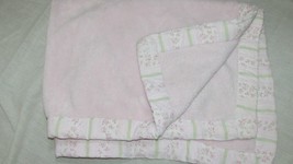 Kidsline pink plush baby blanket w/ floral + green striped trim USED wash wear - $39.59