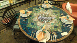 Marble Big Round Dining Table Top Mosaic Gemstone Inlay Design Patio Decor H3972 - £2,314.11 GBP+