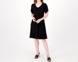 Susan Graver Every Day Pet Liquid Knit A-Line Roll Tab Dress Black, Petite Small - £23.73 GBP