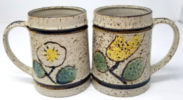 Sandstone Daisy Tulip Beer Mugs Ceramic Handmade Painted Light Vintage Set of 2 - £14.97 GBP