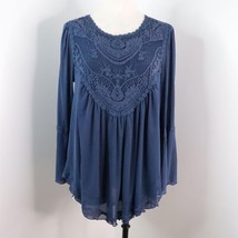 Indigo Thread Co Women&#39;s M Blue Sheer Mesh Stretch Boho Crochet Babydoll Blouse - £15.05 GBP