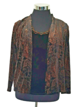 Notations Party Top Women&#39;s PM  Black Stretch Copper Metallic Pullover Faux 2 Pc - $15.84