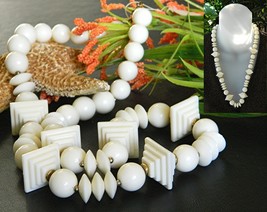 Vintage Double Stepped Pyramid Bead Necklace Cream Plastic Art Deco - £22.08 GBP