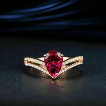 3Ct Pear Cut Red Ruby &amp; Diamond Wedding Engagement Ring 14K Rose Gold Finish - £74.73 GBP