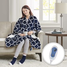 Comfort Spaces Plush To Sherpa Electric Blanket Shoulder And Neck, Ogee Navy - £62.34 GBP