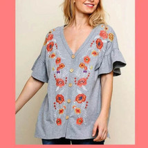 New UMGEE S Gray Floral Embroidered Ruffle Sleeve Button Up V-Neck Cotton Top - £12.42 GBP