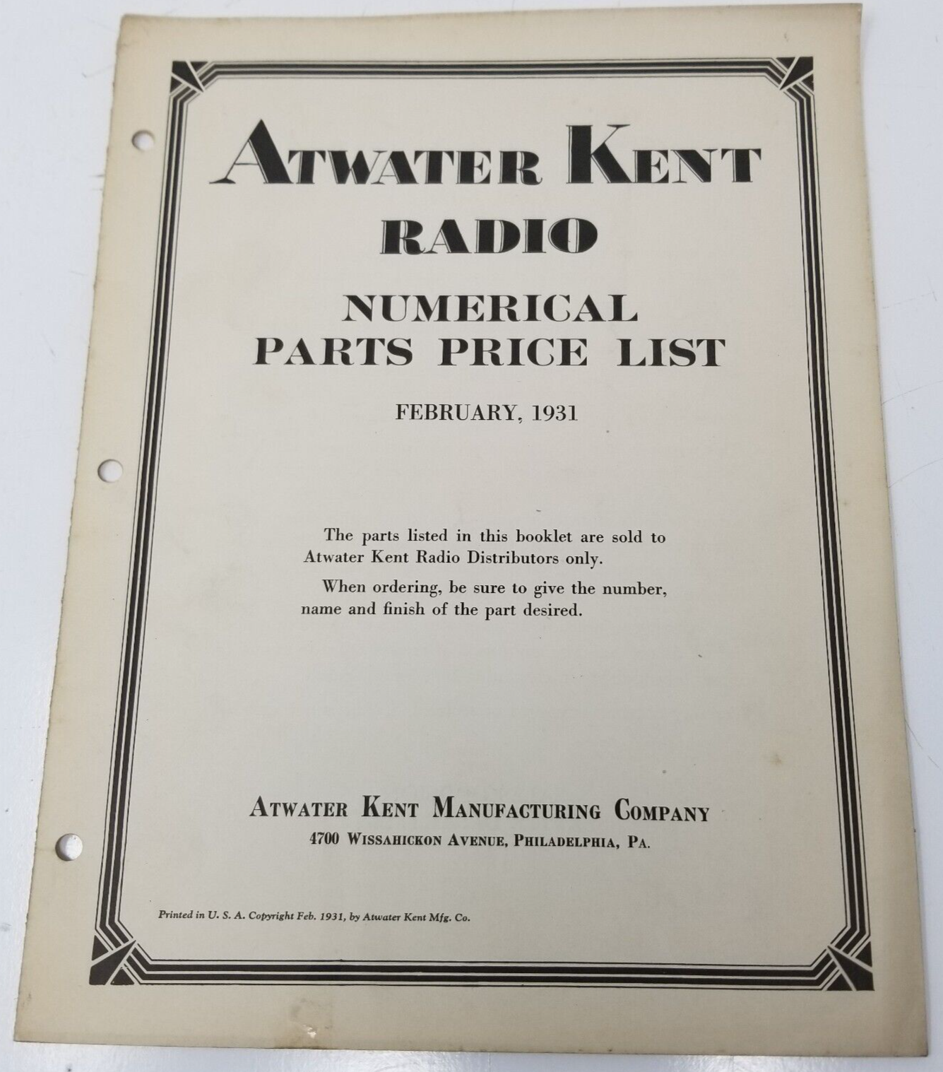 Atwater Kent Radio 1931 February Numerical Price Parts List Base Speaker Spring - $18.95