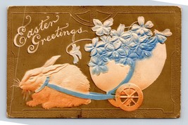 Fantasy Easter Greetings Bunny Exaggerated Egg Flower Cart Gilt DB  Postcard J16 - £4.69 GBP