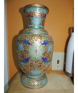 Vintage Cloisonne / Champleve 12" Vase Brass / Copper blue green pink En... - $76.49