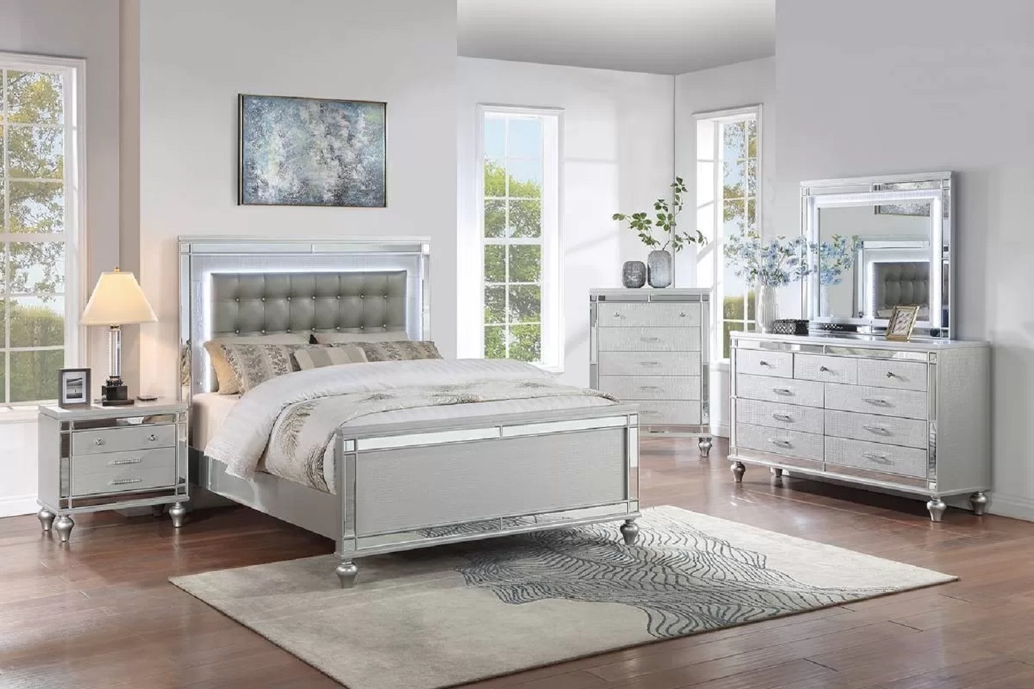 Broseley Modern Glam Silver Queen Bedroom Set Furniture with LED Lighting - $1,638.00