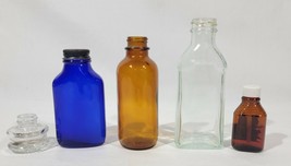 5 Vintage Bottles Jars Amber Blue Clear Apothecary - £21.36 GBP