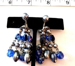 Vintage  Silver Tone and Blue Bead  CHANDELIER   CLIP ON EARRINGS - £11.78 GBP
