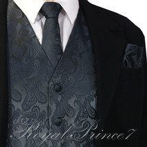 CHARCOAL GRAY XS - 6XL Paisley Tuxedo Suit Dress Vest Waistcoat &amp; Neck tie Hanky - £19.74 GBP+