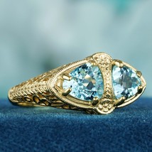 Natural Blue Topaz Vintage Style Filigree Double Stone Ring in Solid 9K Gold - £430.72 GBP