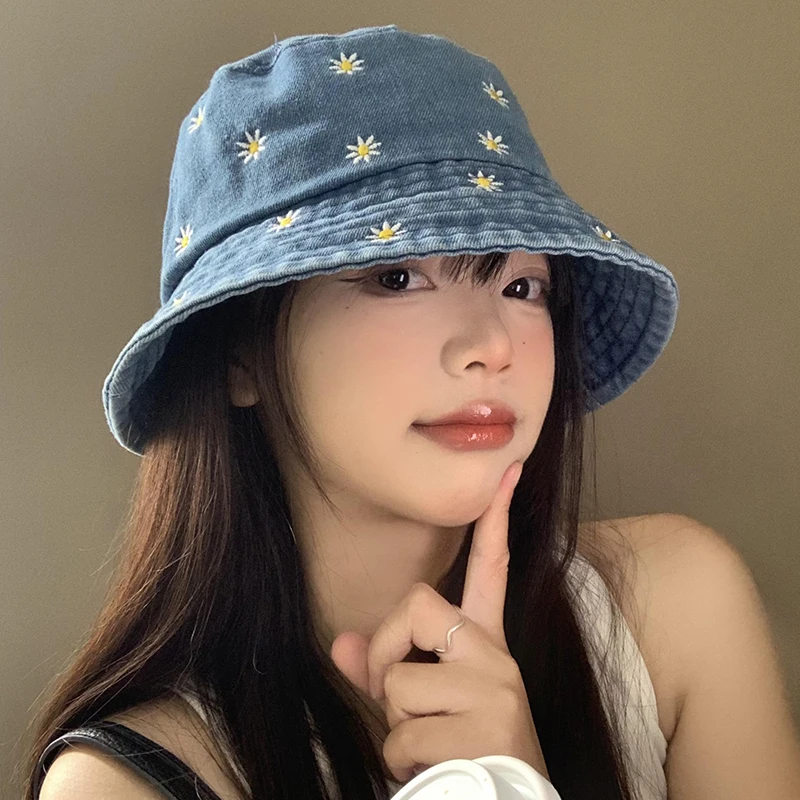 Cute Little Daisy Embroidered Denim Bucket Hats for Women 2024 Spring and Summer - £11.12 GBP