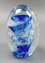 Artist Signed Dated 2004 Clear &amp; Blue Tornado Egg Shaped Art Glass Paper... - £107.88 GBP