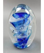 Artist Signed Dated 2004 Clear &amp; Blue Tornado Egg Shaped Art Glass Paper... - £107.88 GBP