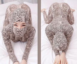 Women Sexy Leopard Print Serpentine Zipper Bodysuit Hood Mask Clubwear Anti-Hook - £17.35 GBP
