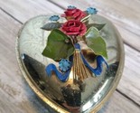 Shiny Vintage Mann Brass Teal Fabric Lined Trinket Box With Red Rose Bouquet .