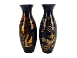 Set of 2 Cobalt Blue Vases, Bowling Pin Body, Flare Rim, Gold Peacocks &amp; Flowers - £39.09 GBP