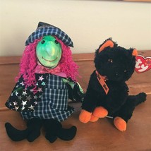 Lot of 2 Ty Plush Scary Green Witch with Pink Hair &amp; Black Kitty Fraidy Hallowee - £8.33 GBP