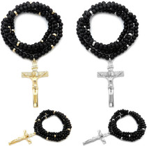 Jesus Inri Crucifix Cross Pendant 6mm/30&quot; Wooden Bead Chain Necklace RC3843 - £12.72 GBP