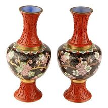PAIR OF ANTIQUE VINTAGE ASIAN CINNABAR AND CLOISONNE VASES CHERRY BLOSSOM - $975.93