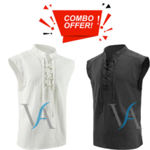 Medieval Renaissance Pirate Costume Sleeveless Lace-up Stand Collar Shirt Gothic - £65.76 GBP+