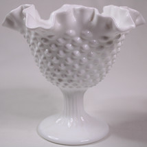 Vintage Fenton Hobnail White Milk Glass Ruffled Pedestal Bowl Candy Nut Dish - $15.44