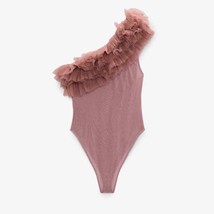 Zara Beige Pink One Shoulder Ruffled Tulle Bodysuit Bloggers Fave Small - £52.30 GBP