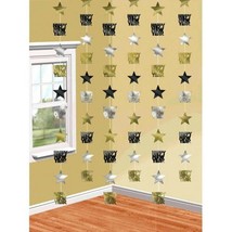 Happy New Years Eve 6 Doorway Foil Star String Decoration Black Gold Silver - £4.12 GBP