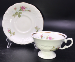 Wawel Poland Pink Roses Flowers Gold Band Footed Cup &amp; Saucer Set 6&quot; Dia - $10.39