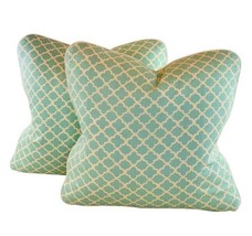 Pair Pillow Covers P Kaufmann Waverly Aqua Turquoise Fretwork Geometric Lattice - £37.58 GBP