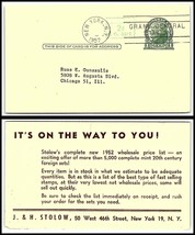 1952 US Postal Card - J &amp; H Stolow (Stamps), New York, NY to Chicago, IL &quot;1&quot; U3 - £2.32 GBP