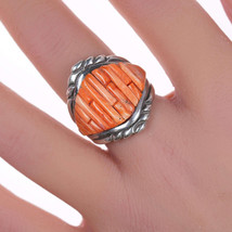 sz8 Vintage spiny oyster cobblestone inlay sterling Native American ring - $192.31