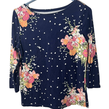 Talbots Womens Floral Shirt Size Mp Blue Boat Neck 3/4 Sleeves Cotton Stretch - £14.09 GBP
