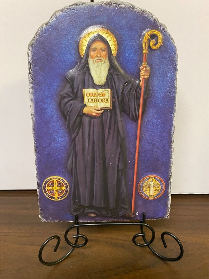 Saint Benedict  Arched Tile Plaque with metal stand, New #AB-185