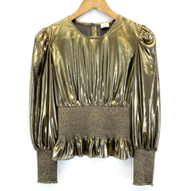 Aritzia Wilfred Ballad Blouse Womens XS Gold Foil Smocked Waist Puff Sleeves  - £26.71 GBP