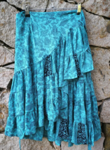 Silk Blend Wrap Around Skirt Tie Blue Small Medium Boho Floral Hippie In... - $24.99