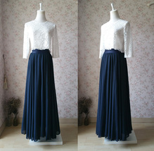 Navy-blue Long Chiffon Skirt Outfit Wedding Party Cusotm Plus Size Chiffon Skirt image 2